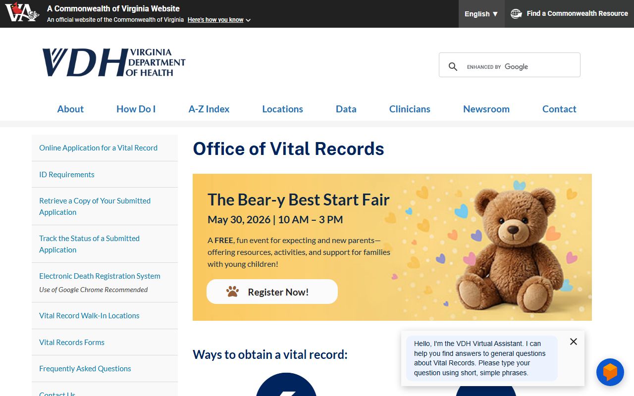 Greensville County Virginia Department of Health vital records dissolution of marriage