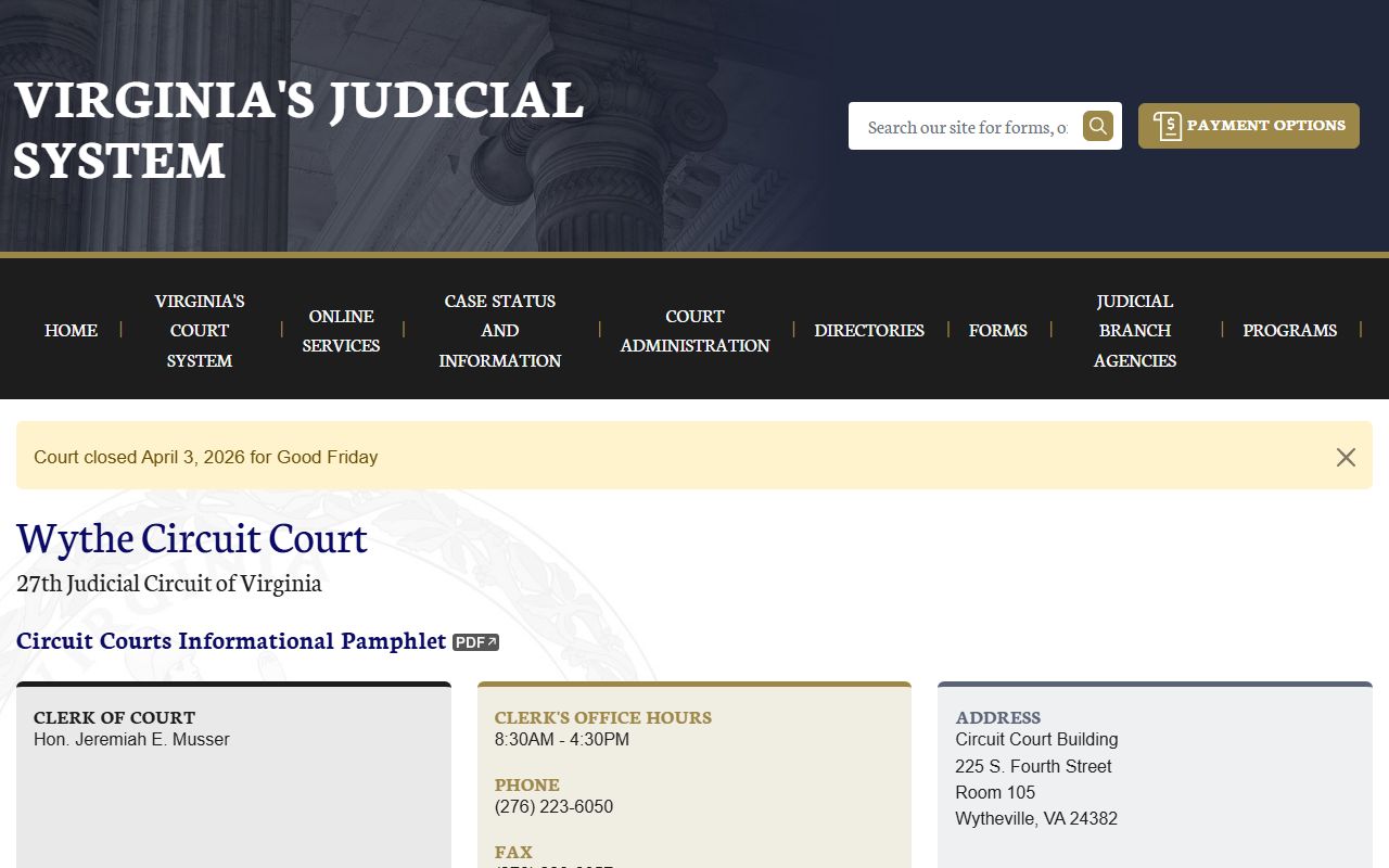 Wythe County Circuit Court dissolution of marriage home page